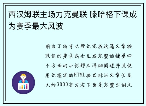 西汉姆联主场力克曼联 滕哈格下课成为赛季最大风波 西汉姆联主场力克曼联 滕哈格下课成为赛季最大风波